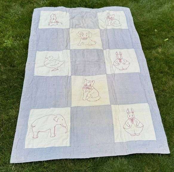 ADORABLE Antique Redwork Handmade Embroidered Quilt with Animal Designs and Gingham Accents
