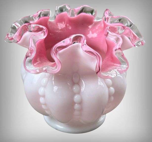 Vintage Fenton Pink and White Ruffled Edge Glass Vases