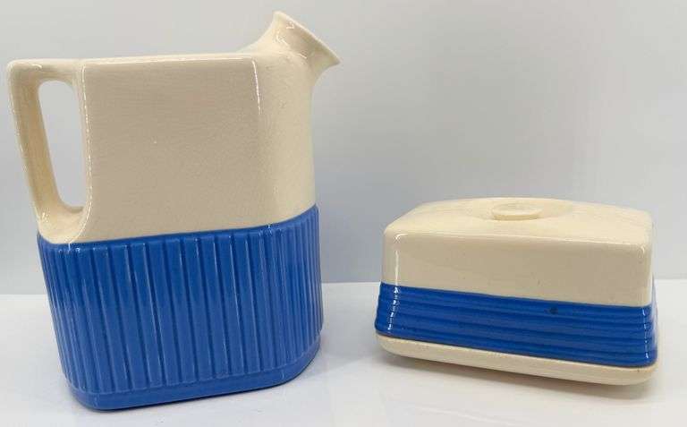 Hall China Kitchenware Cream and Blue Ribbed Pitcher and Butter Dish Set