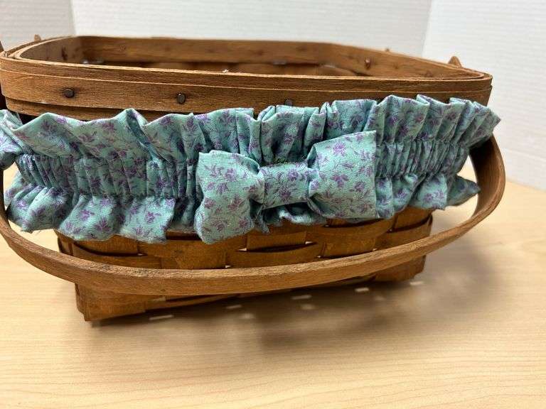 Longaberger Basket with Floral Fabric Tie Outside of Basket – 1986