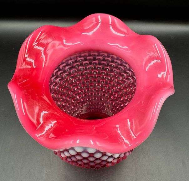 Fenton Cranberry Red Hobnail Glass Vase with Ruffled Edge Large