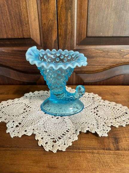 Blue Hobnail Glass Cornucopia Vase
