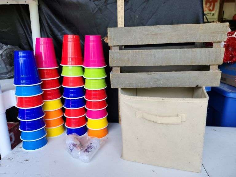 Assorted Plastic Cups, Wood Basket, Plastic Shot Glasses, Etc.