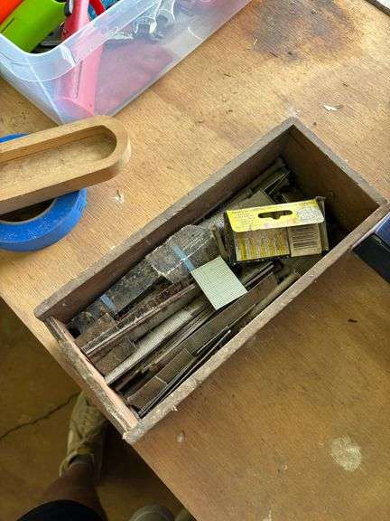 Wooden Box With Assorted Metal Files and Tools