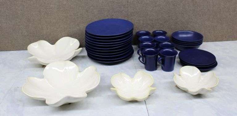 Stoneware and Ceramic Dinnerware Set with Dogwood and Blue Matte Designs