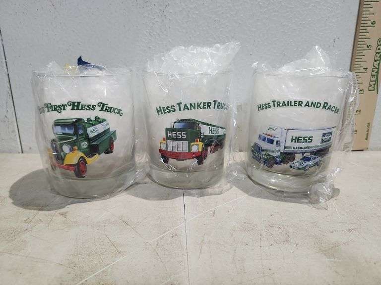 3 Collectible Hess Glasses -The First Hess Truck, Hess Trailer & Racer, & Hess Tanker Trucks