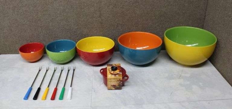 Colorful Ceramic Bowl Set with Crofton Mini Casserole Dish and Fondue Forks