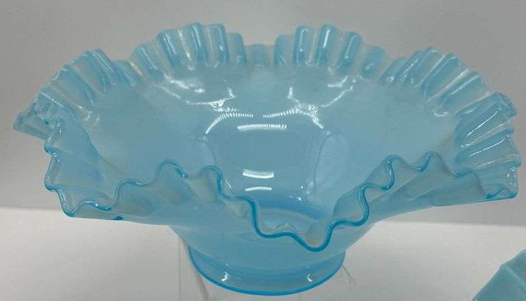 Fenton Blue Ruffled Glass Bowls With Floral Design