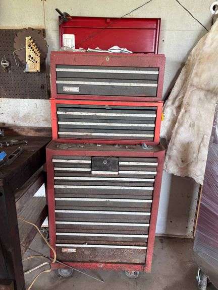 Red Metal Rolling Tool Chest with Multiple Drawers and Contents