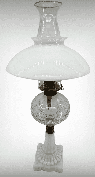 Clear Glass and Milk Glass Base Oil Lamp with Chimney and White Glass Shade