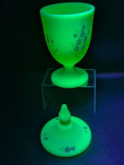 Vintage Uranium Fenton Custard Glass Hand-Painted Pedestal Candy Dish with Lid
