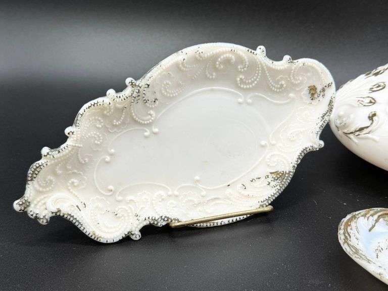 Four-Piece White Glass Vanity Set with Gold Accents