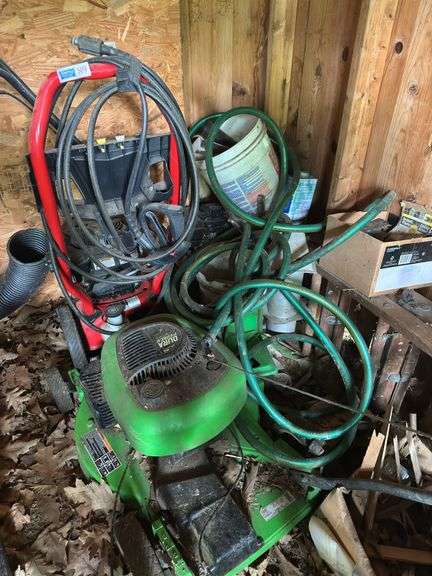 Job Lot in Corner (Lawnboy lawnmower, pressure washer, misc metal, tiller, garden hose, misc.)