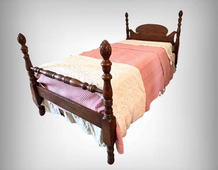 Antique Mahogany Carved Wooden Twin Bed Frame With Pineapple Finials