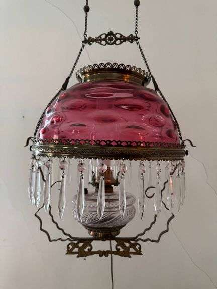 Antique Victorian Cranberry Hanging Parlor Oil Lamp