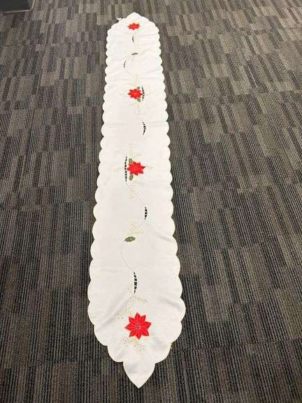 Embroidered Christmas Table Runner with Poinsettias
