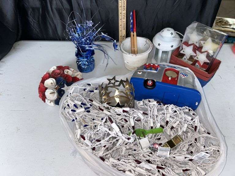 Assorted Americana Decor, Lights, Candle Lantern, Etc.