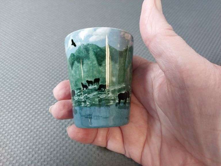 Hand-Painted Ceramic Shot Glass – Mountain Landscape with Wildlife