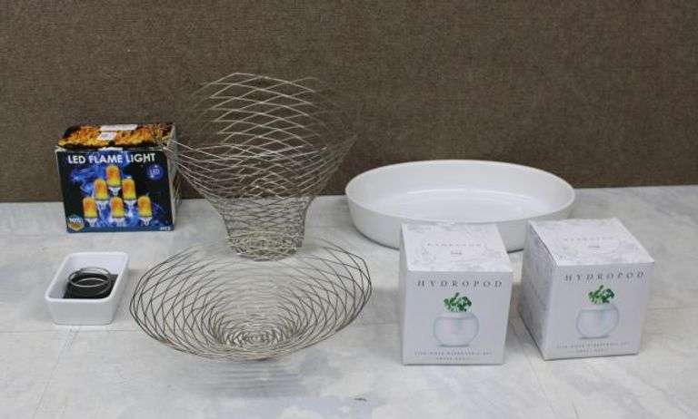 HydroPod Set, Wire Baskets, LED Flame Lights, and Ceramic Dish