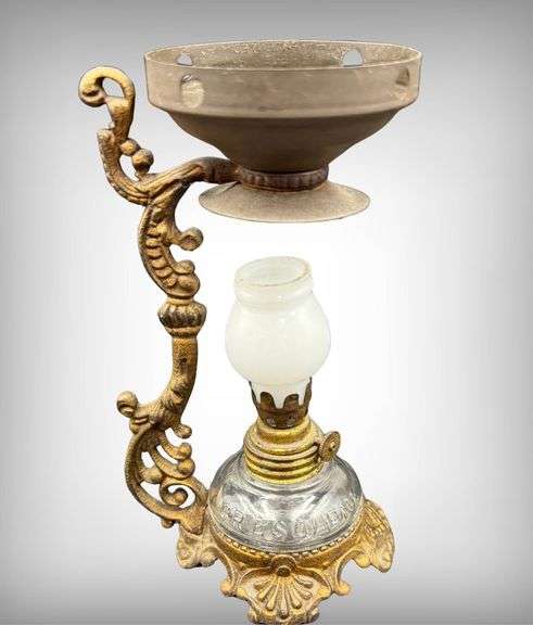 Antique Victorian Vapo Cresolene Medicinal Oil Lamp With Ornate Brass Base and Glass Reservoir