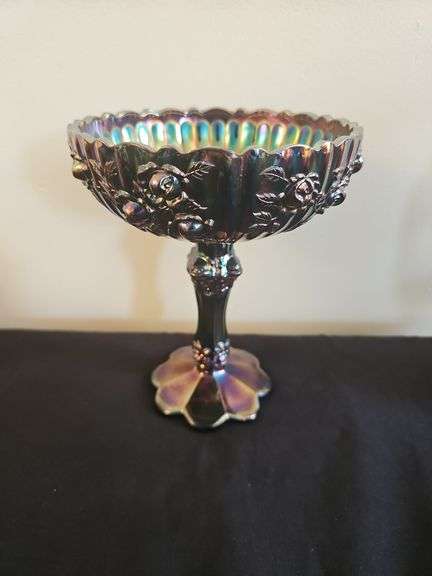 Fenton Carnival Glass Amethyst Blue Iridescent Cabbage Rose Compote