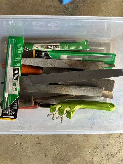 Hand Files and Sharpening Tools in Plastic Bin