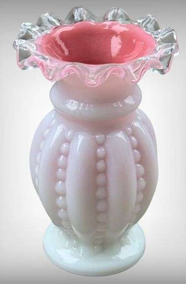 Vintage Fenton Pink and White Ruffled Edge Glass Vases