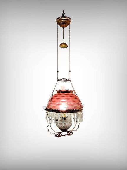 Antique Victorian Cranberry Hanging Parlor Oil Lamp