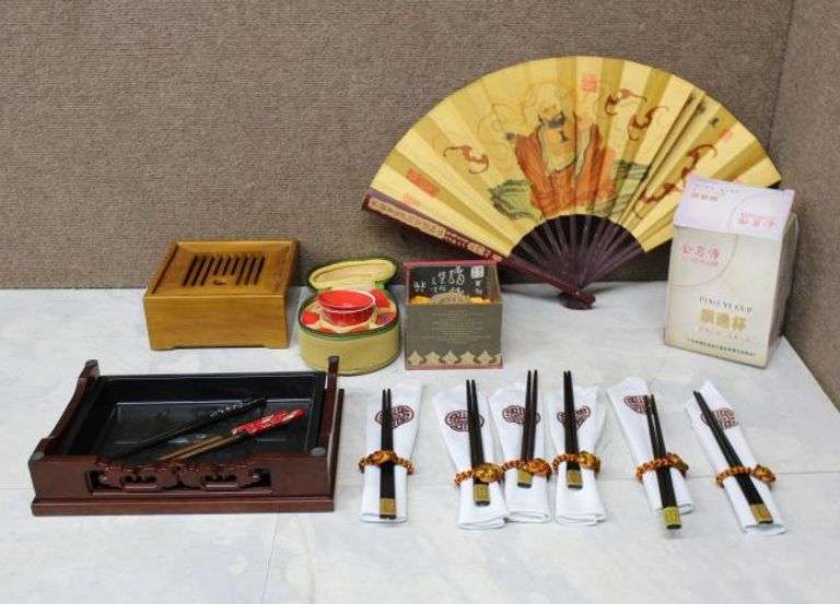Chinese Tableware and Decor Items, Including Fans, Chopsticks, and Tea Accessories
