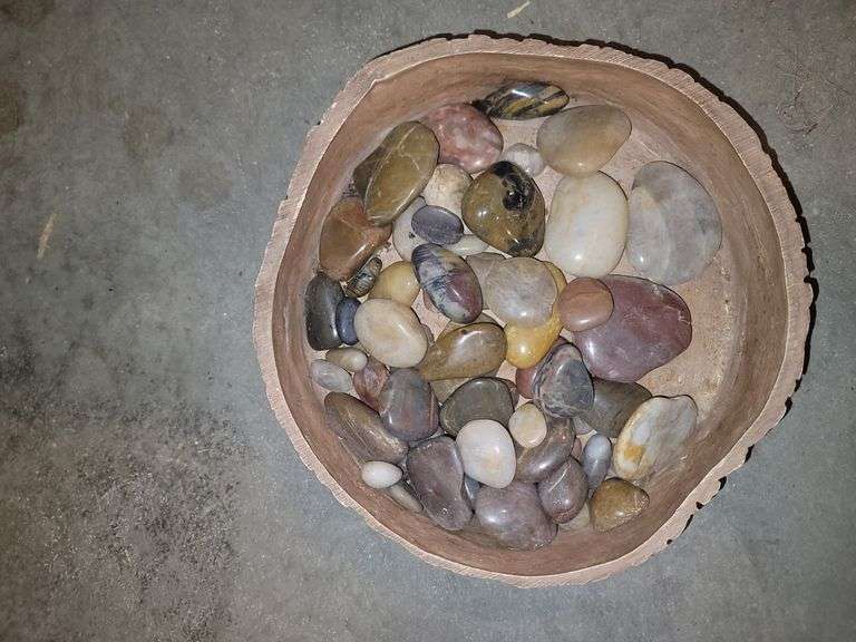 wood box with smooth stones
