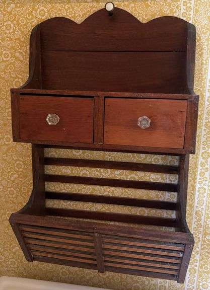 Antique Wooden Wall-Mounted Shelf With Drawers and Glass Knobs