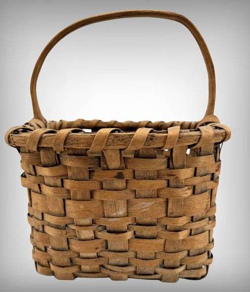 Antique Handwoven Wooden Woven Basket With Handle