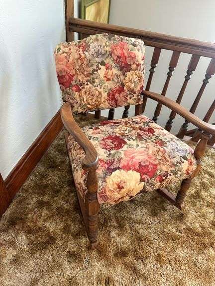 Floral Upholstered Accent Chair with Wood Arms