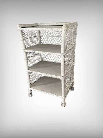 Vintage White Painted Wicker Three-Tier Shelf Unit