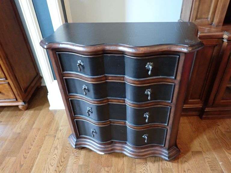 Ethan Allen Baroque Style Fruitwood-Stained and Ebonized Serpentine Commode