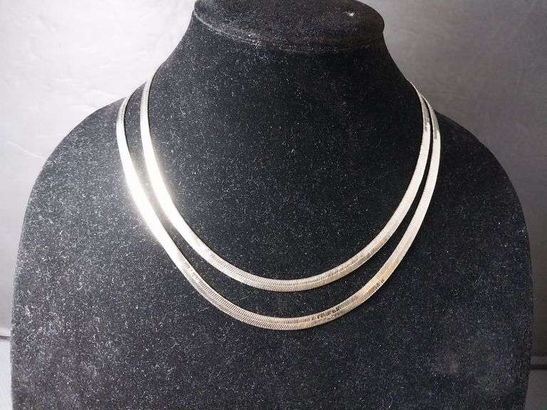 2 Silver-Tone Flat Herringbone Chains – Unmarked