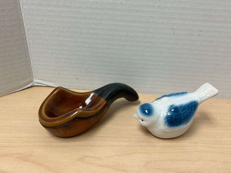 Ceramic Pipe-Shaped Ashtray & Blue and White Bird Figurine