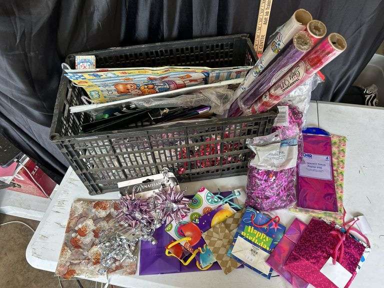 Assorted Gift Wrapping Supplies W/Crate