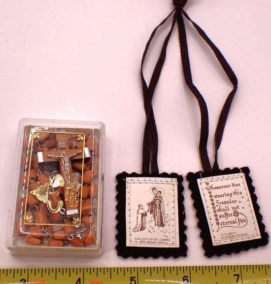 Roman Vatican Olive Wood Rosary & Brown Scapular Our Lady of Mt. Carmel St. Simon Scapular Promise