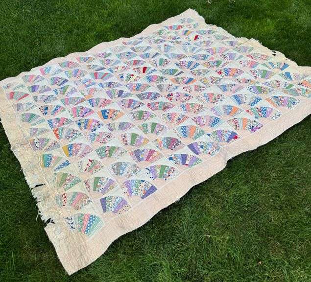 Patchwork Quilt Featuring Fan Pattern with Wear to Edges