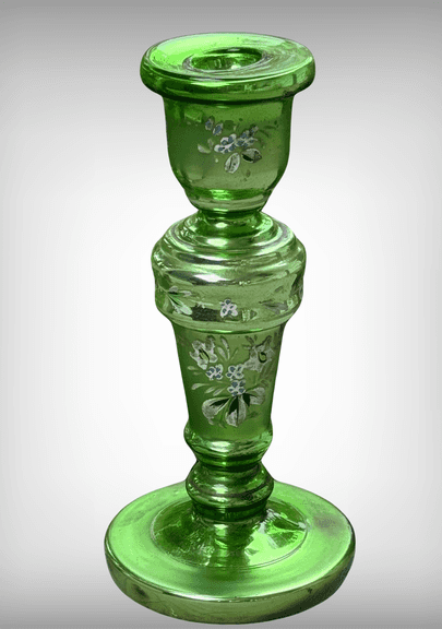 Antique Mercury Green Glass Candlestick with Hand-Painted Floral Design