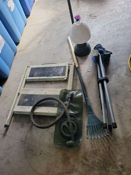 Small Step Stool, Coleman Lantern, Small Rake, Etc.