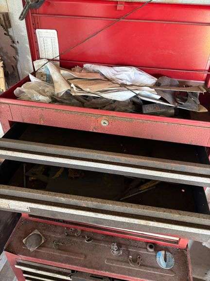 Red Metal Rolling Tool Chest with Multiple Drawers and Contents