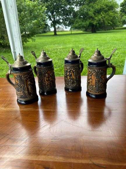 4 German Beer Steins With Metal Lids