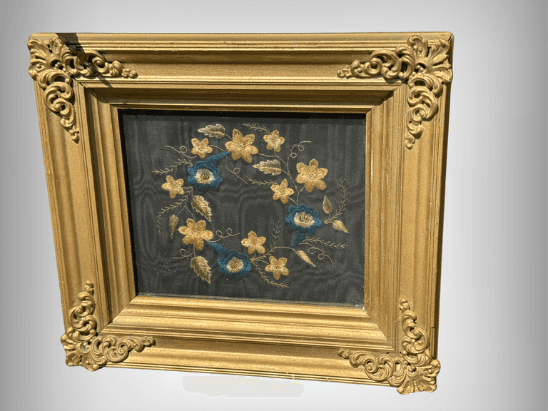 Antique Beautiful Framed Floral Embroidery on Plum Fabric in Gilt Frame