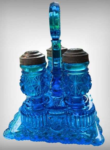 Early EAPG Daisy and Button Glass Condiment Caddy with Three Shakers and Tray
