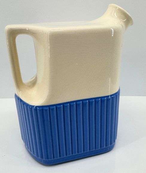 Hall China Kitchenware Cream and Blue Ribbed Pitcher and Butter Dish Set