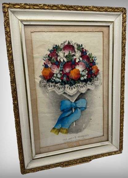 Antique Currier and Ives “The Lady’s Bouquet” Lithograph in Ornate Frame