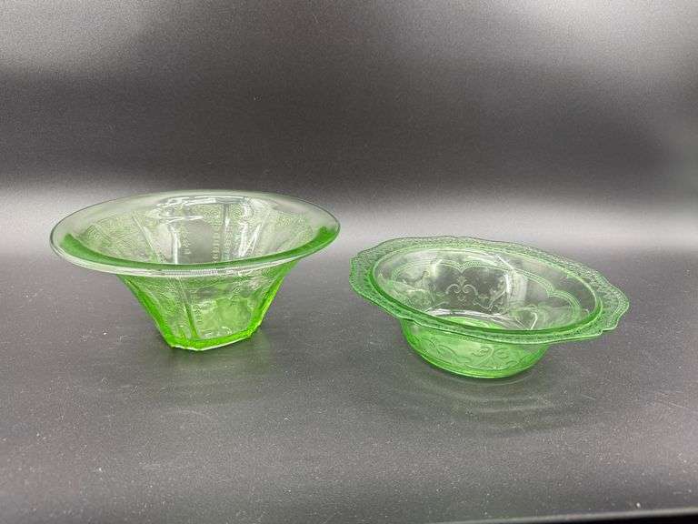 Two Uranium Glass Bowls with Etched Designs