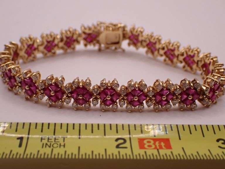 STUNNING 18K Gold Custom Made 7" Ruby & Diamond Tennis Bracelet 27.25g